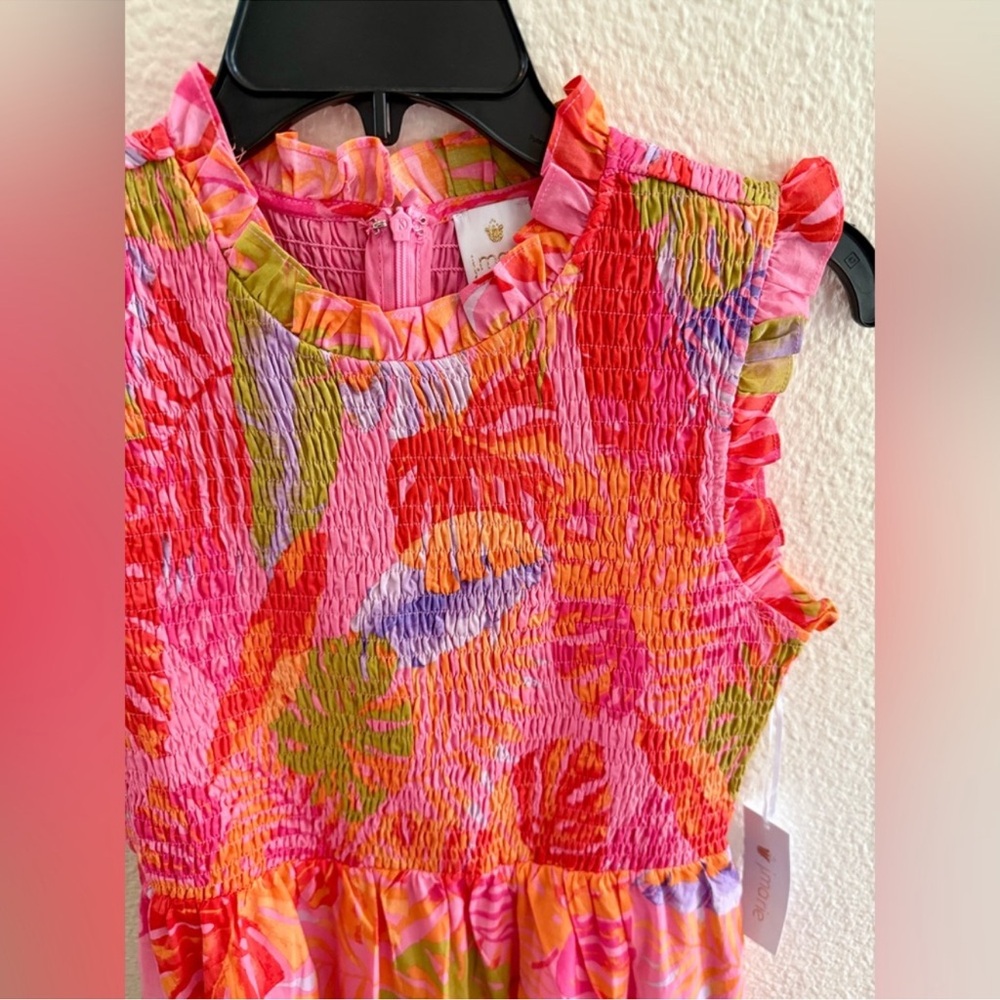 J.Marie Sleeveless Tropical Tiered Midi Dress in Coral Pink - Picture 4 of 7